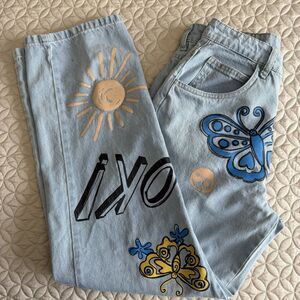 Y2K Retro Daisy Street Floral Jeans Hand Painted Jr Sz 7 High Rise Straight Leg